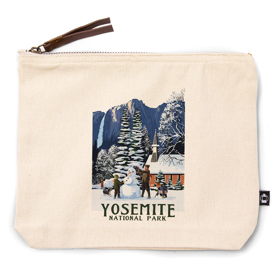 Yosemite National Park, California, Yosemite Chapel and Snowman,, Organic Cotton Zipper Pouch, Go Bag Go Bag Lantern Press 
