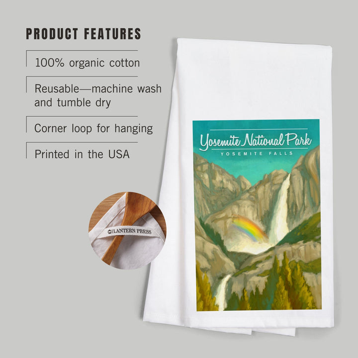 Yosemite National Park, California, Yosemite Falls and Rainbow, Organic Cotton Kitchen Tea Towels Kitchen Lantern Press 