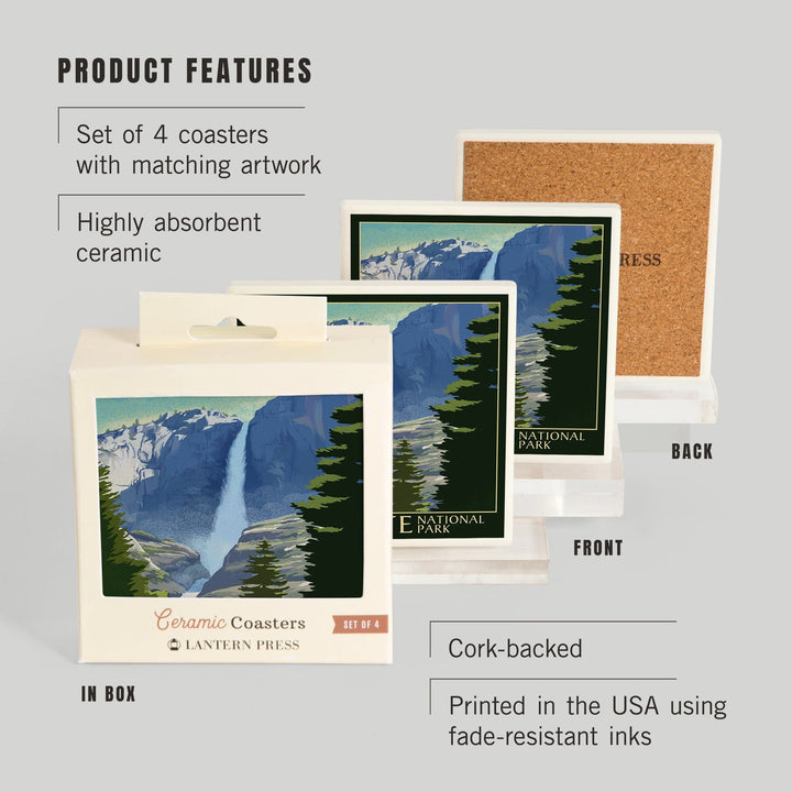 Yosemite National Park, California, Yosemite Falls, Lithography, Coasters Coasters Lantern Press 