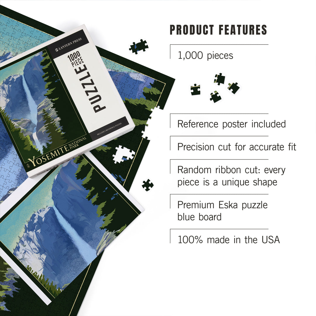 Yosemite National Park, California, Yosemite Falls, Lithography, Jigsaw Puzzle Puzzle Lantern Press 