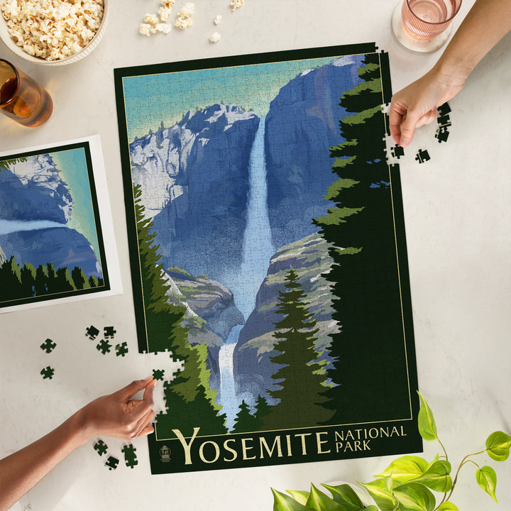 Yosemite National Park, California, Yosemite Falls, Lithography, Jigsaw Puzzle Puzzle Lantern Press 
