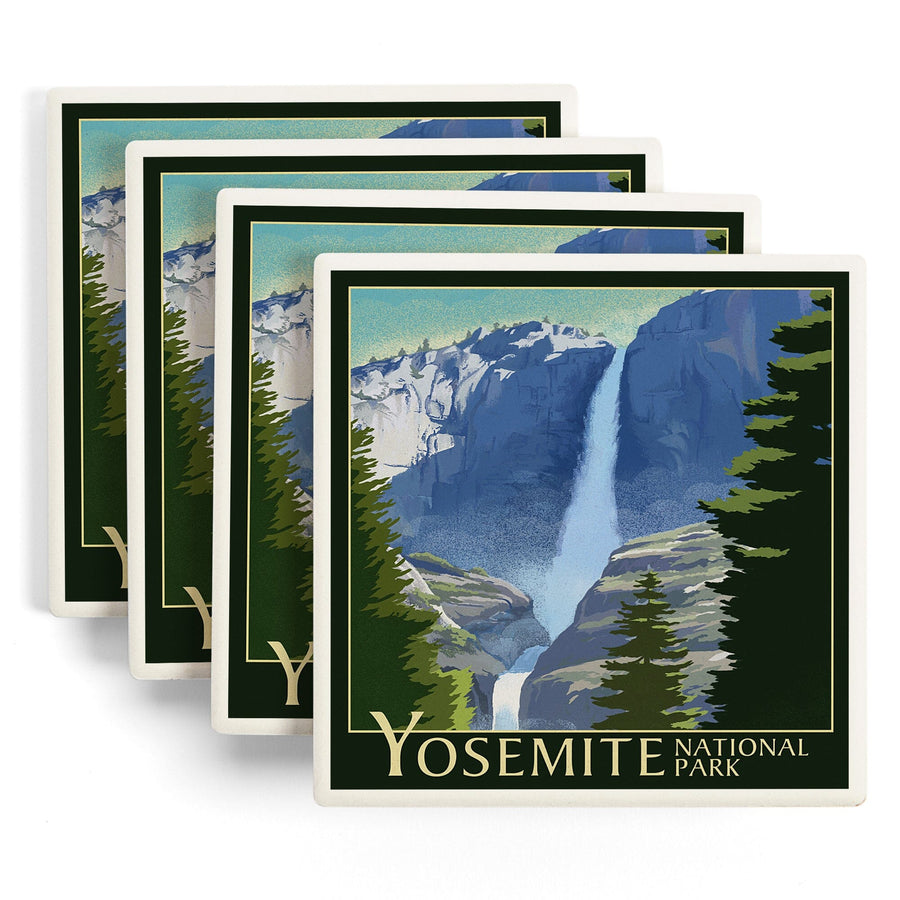 Yosemite National Park, California, Yosemite Falls, Lithography, Lantern Press Artwork, Coaster Set Coasters Lantern Press 