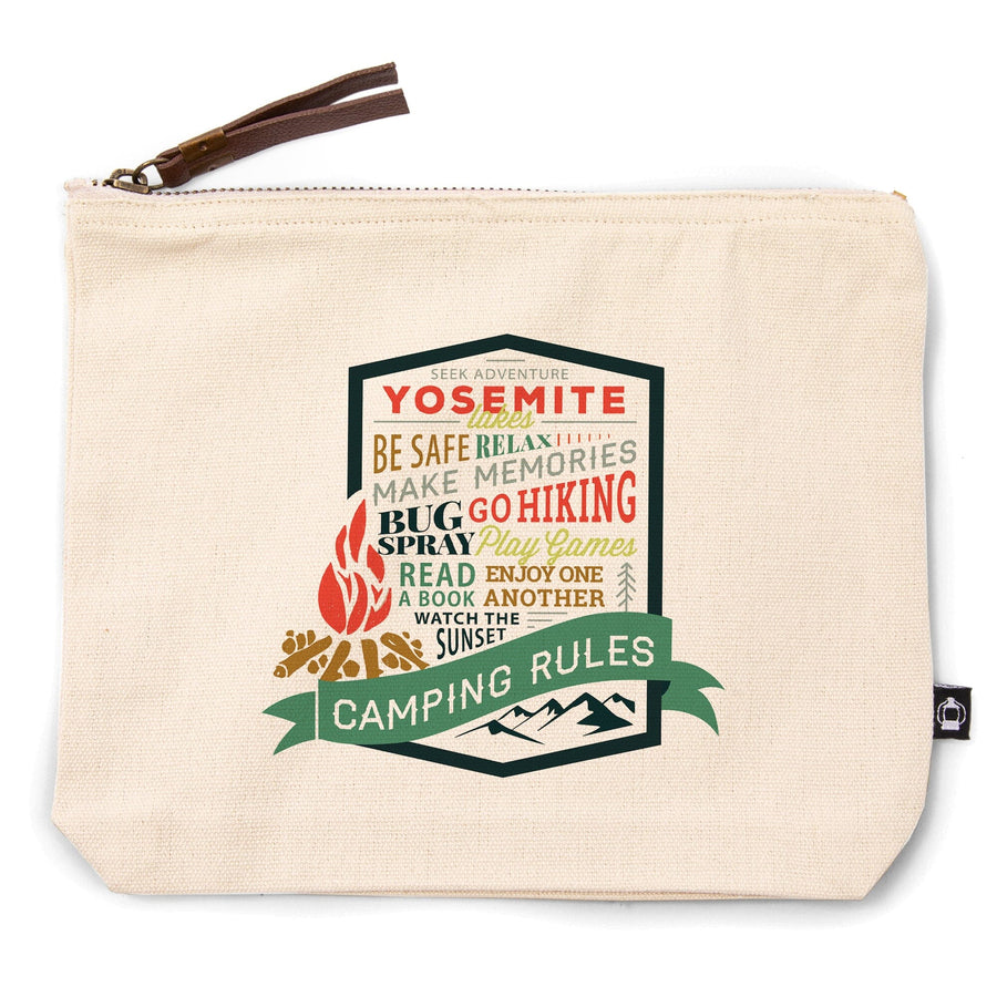 Yosemite National Park, California, Yosemite Lakes, Camping Rules,, Organic Cotton Zipper Pouch, Go Bag Go Bag Lantern Press 