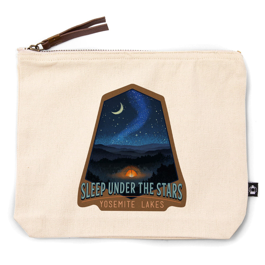 Yosemite National Park, California, Yosemite Lakes, Sleep Under the Stars, Tent and Night Sky, Organic Cotton Zipper Pouch, Go Bag Go Bag Lantern Press 