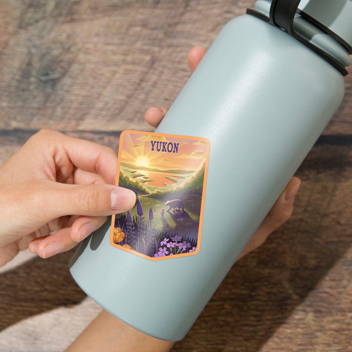 Yukon, Lithograph, Bear and Spring Flowers, Lake, Contour, Vinyl Sticker Sticker Lantern Press 