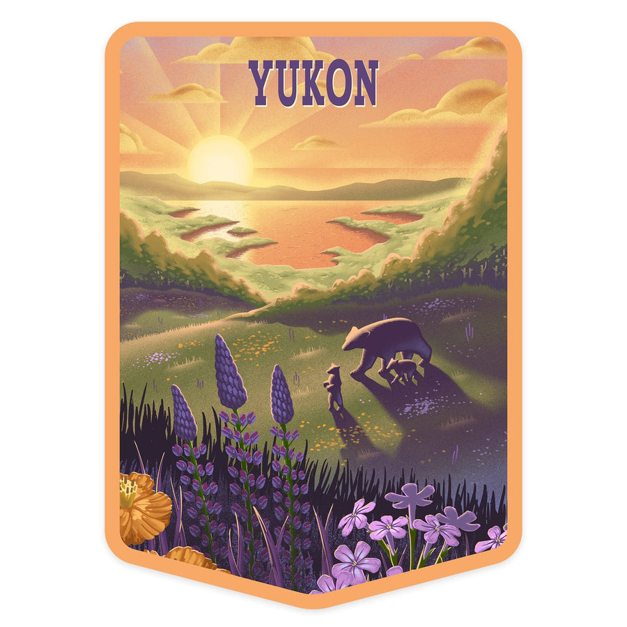 Yukon, Lithograph, Bear and Spring Flowers, Lake, Contour, Vinyl Sticker Sticker Lantern Press 