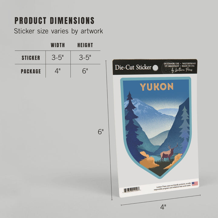 Yukon, Lithograph, Elk and Mountains Scene, Contour, Vinyl Sticker Sticker Lantern Press 