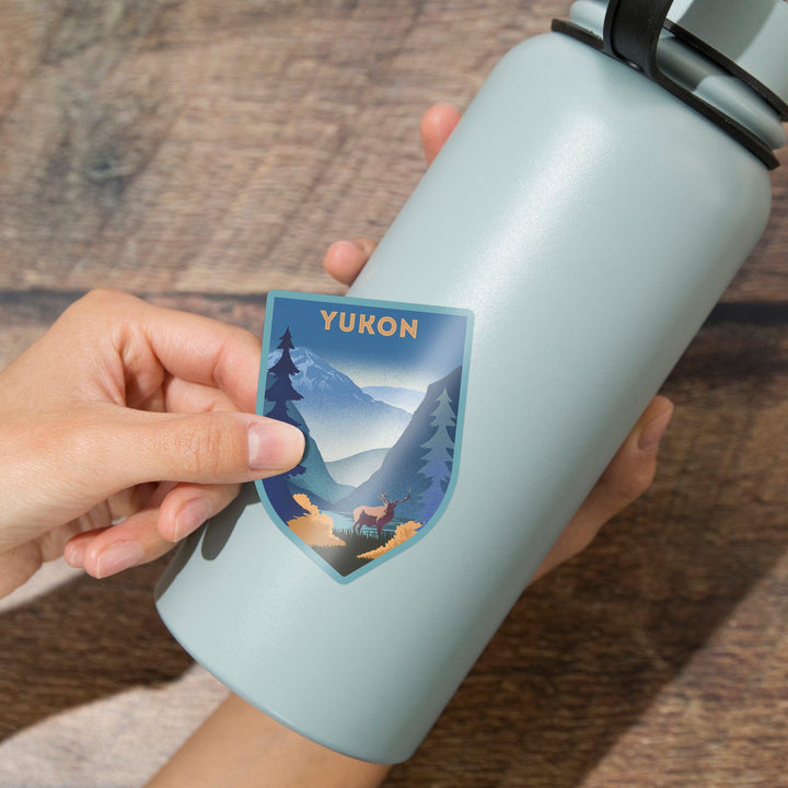 Yukon, Lithograph, Elk and Mountains Scene, Contour, Vinyl Sticker Sticker Lantern Press 
