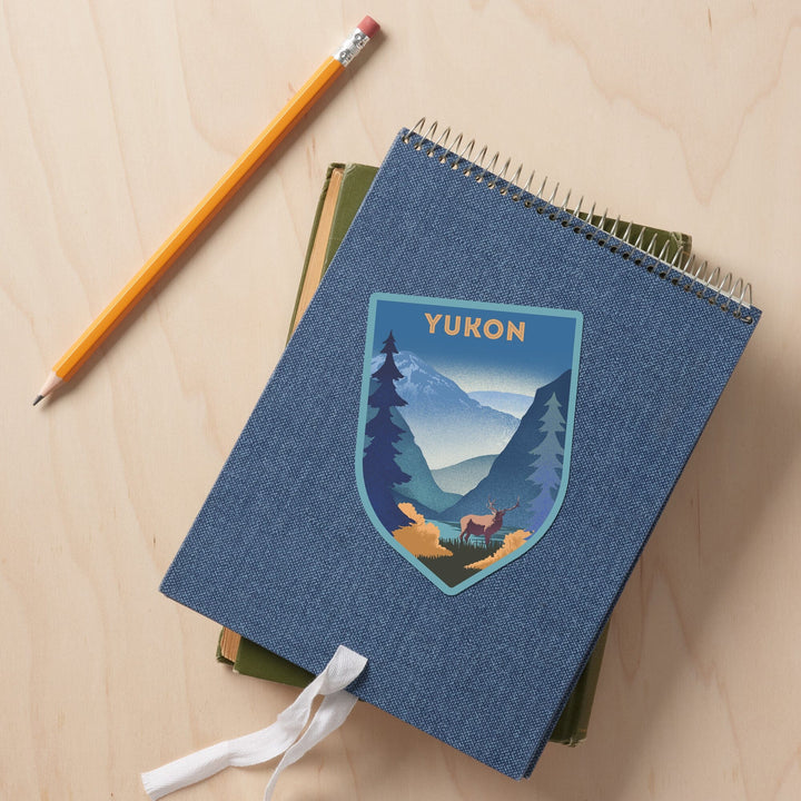 Yukon, Lithograph, Elk and Mountains Scene, Contour, Vinyl Sticker Sticker Lantern Press 