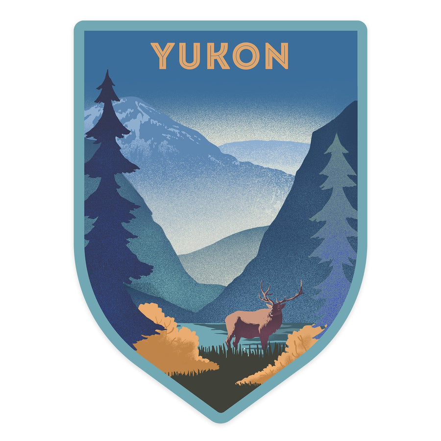 Yukon, Lithograph, Elk and Mountains Scene, Contour, Vinyl Sticker Sticker Lantern Press 