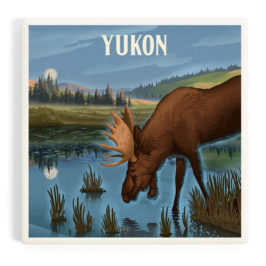 Yukon, Lithograph, Reflection Pond and Bull Moose, Coasters Coasters Lantern Press 