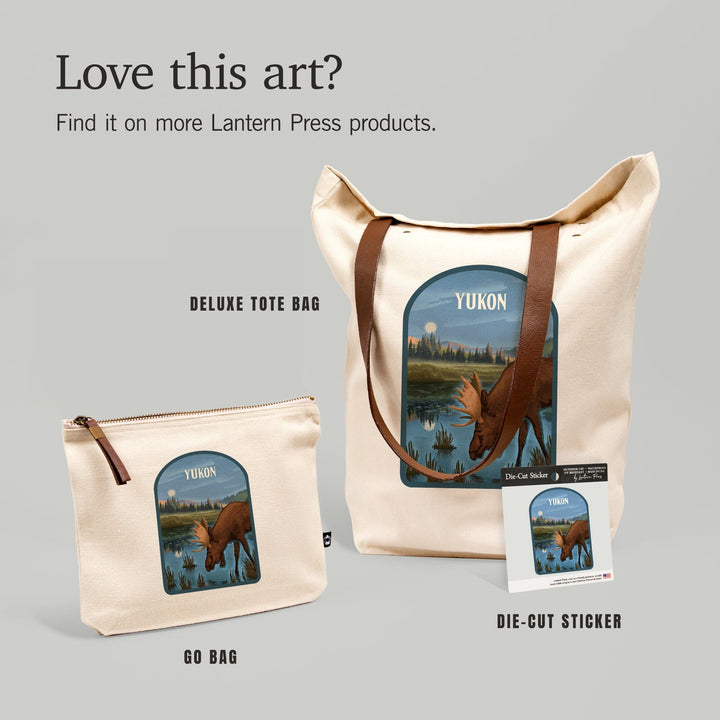 Yukon, Lithograph, Reflection Pond and Bull Moose, Contour, Vinyl Sticker Sticker Lantern Press 