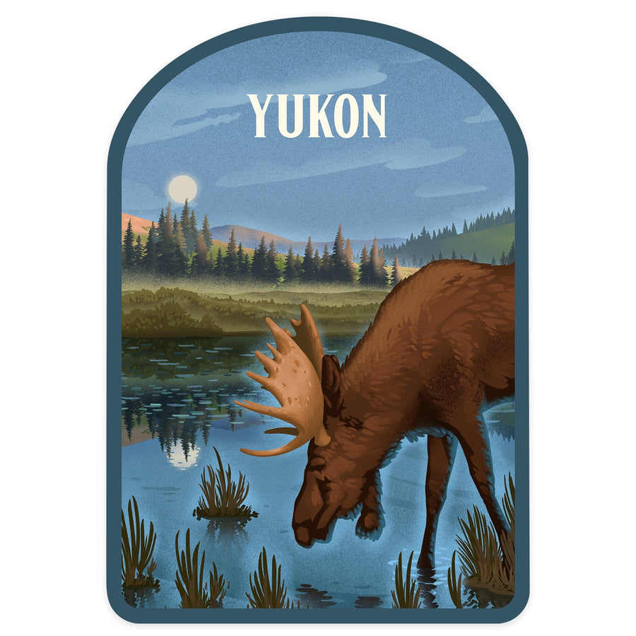 Yukon, Lithograph, Reflection Pond and Bull Moose, Contour, Vinyl Sticker Sticker Lantern Press 