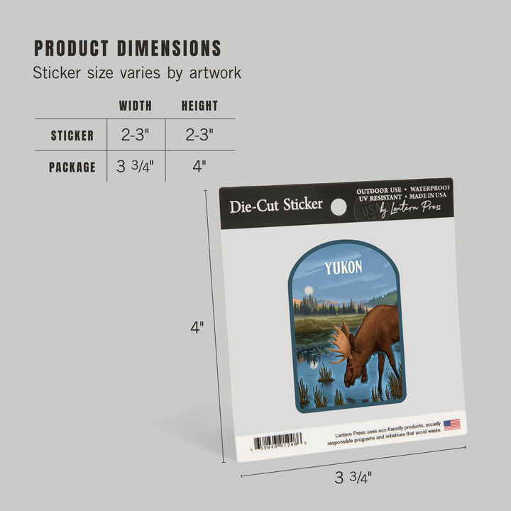Yukon, Lithograph, Reflection Pond and Bull Moose, Contour, Vinyl Sticker Sticker Lantern Press 