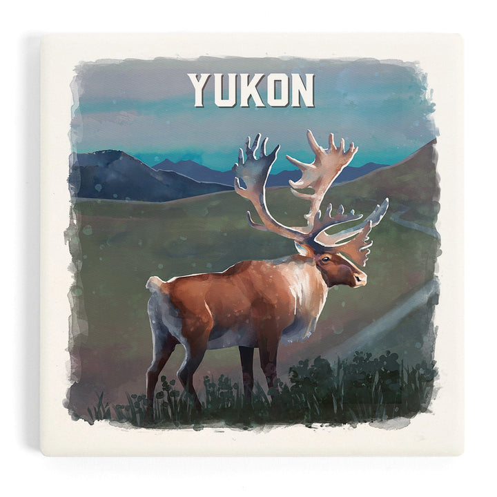 Yukon, Watercolor Study, Caribou, Coasters Coasters Lantern Press Coaster 