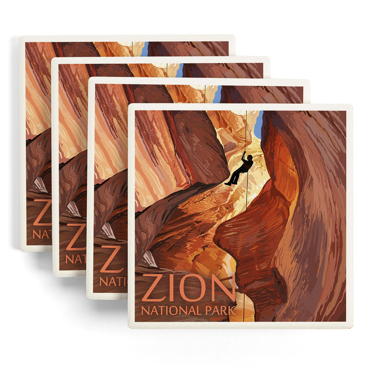 Zion National Park, Canyoneering Scene, Lantern Press Artwork, Coaster Set Coasters Lantern Press 