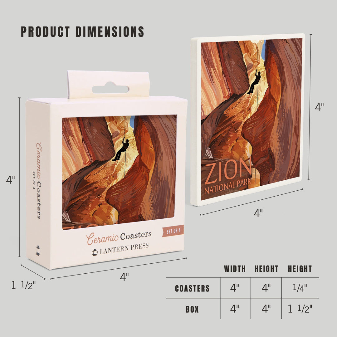 Zion National Park, Canyoneering Scene, Lantern Press Artwork, Coaster Set Coasters Lantern Press 