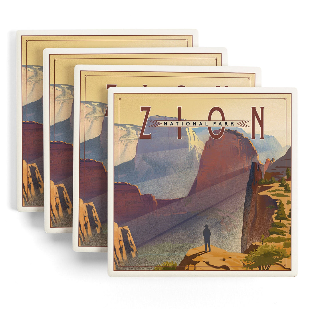 Zion National Park, Lithograph, Lantern Press Artwork, Coaster Set Coasters Lantern Press 