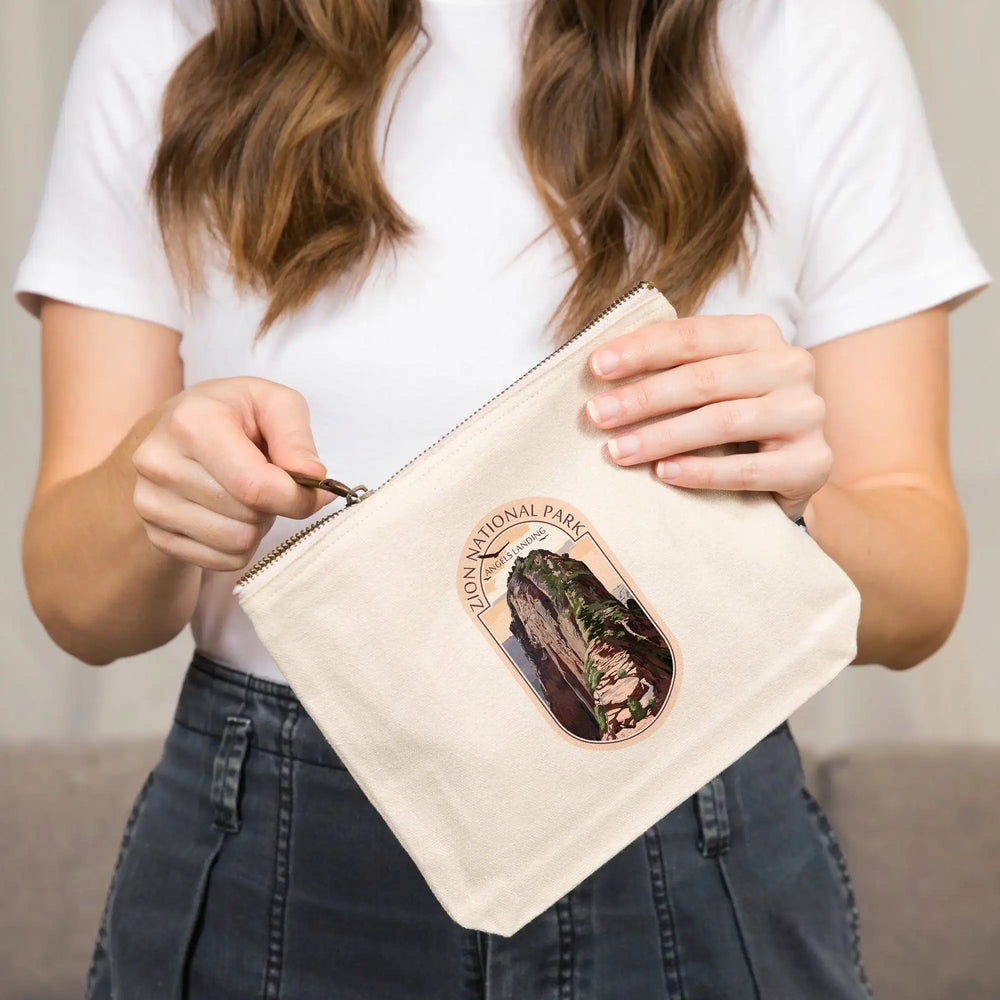 Zion National Park, Utah, Angels Landing and Condors,, Organic Cotton Zipper Pouch, Go Bag Go Bag Lantern Press 