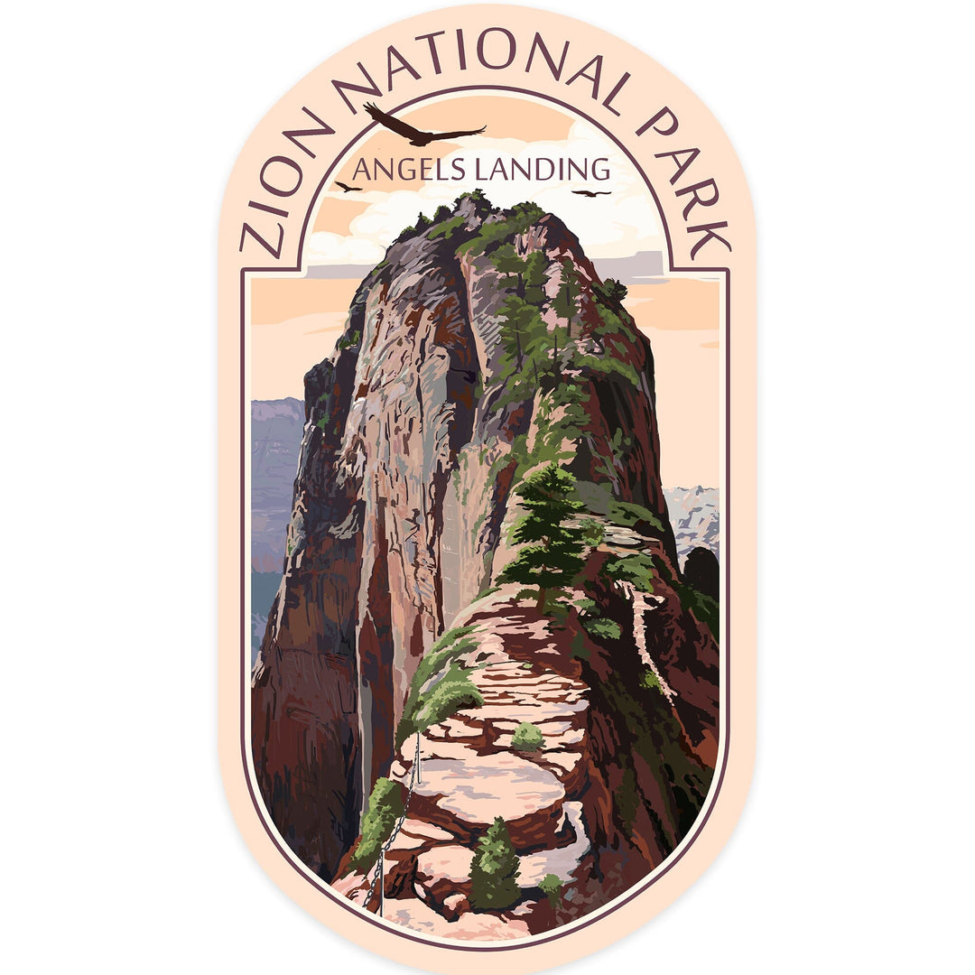 Zion National Park, Utah, Angels Landing & Condors, Contour, Lantern Press Artwork, Vinyl Sticker Sticker Lantern Press 