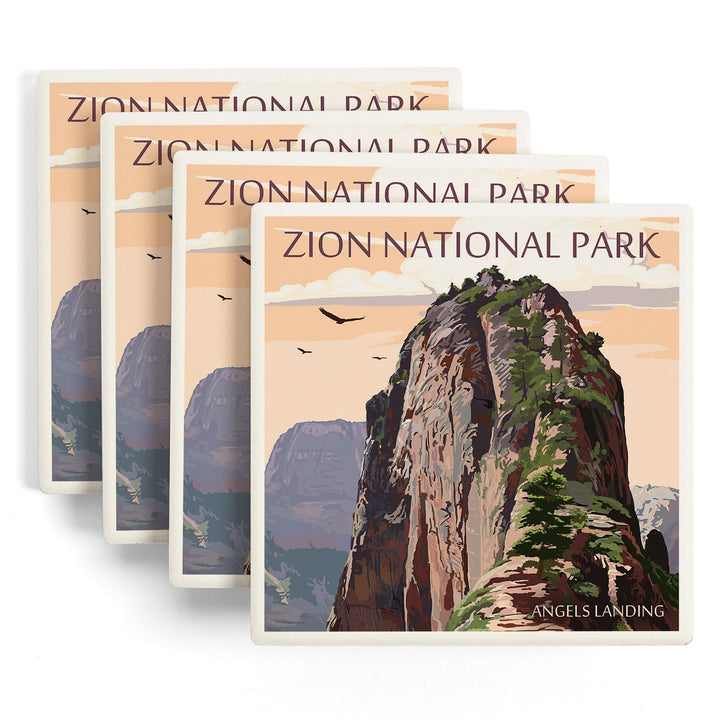 Zion National Park, Utah, Angels Landing & Condors, Lantern Press Artwork, Coaster Set Coasters Lantern Press 