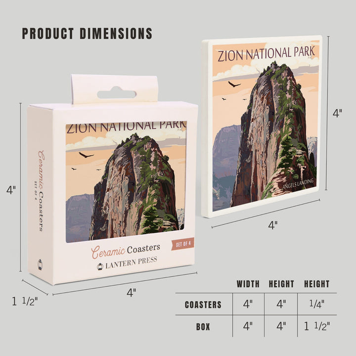 Zion National Park, Utah, Angels Landing & Condors, Lantern Press Artwork, Coaster Set Coasters Lantern Press 