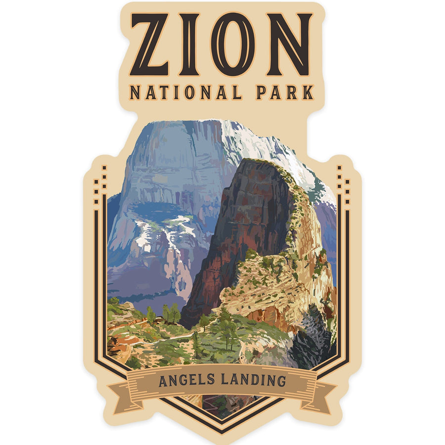 Zion National Park, Utah, Angels Landing, Contour, Lantern Press Artwork, Vinyl Sticker Sticker Lantern Press 