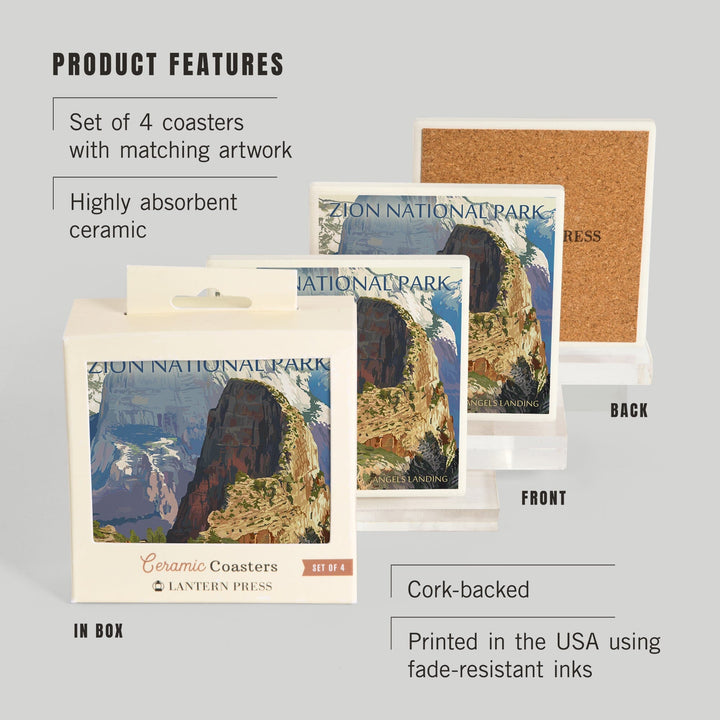 Zion National Park, Utah, Angels Landing, Lantern Press Artwork, Coaster Set Coasters Lantern Press 