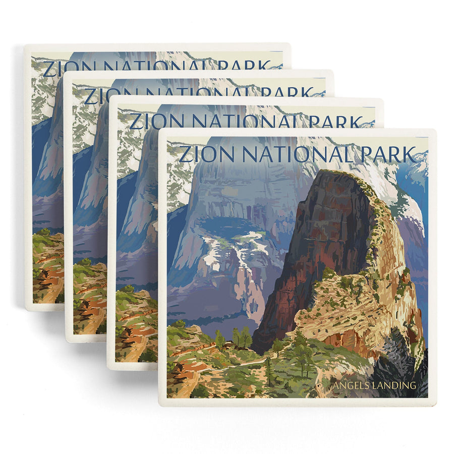 Zion National Park, Utah, Angels Landing, Lantern Press Artwork, Coaster Set Coasters Lantern Press 