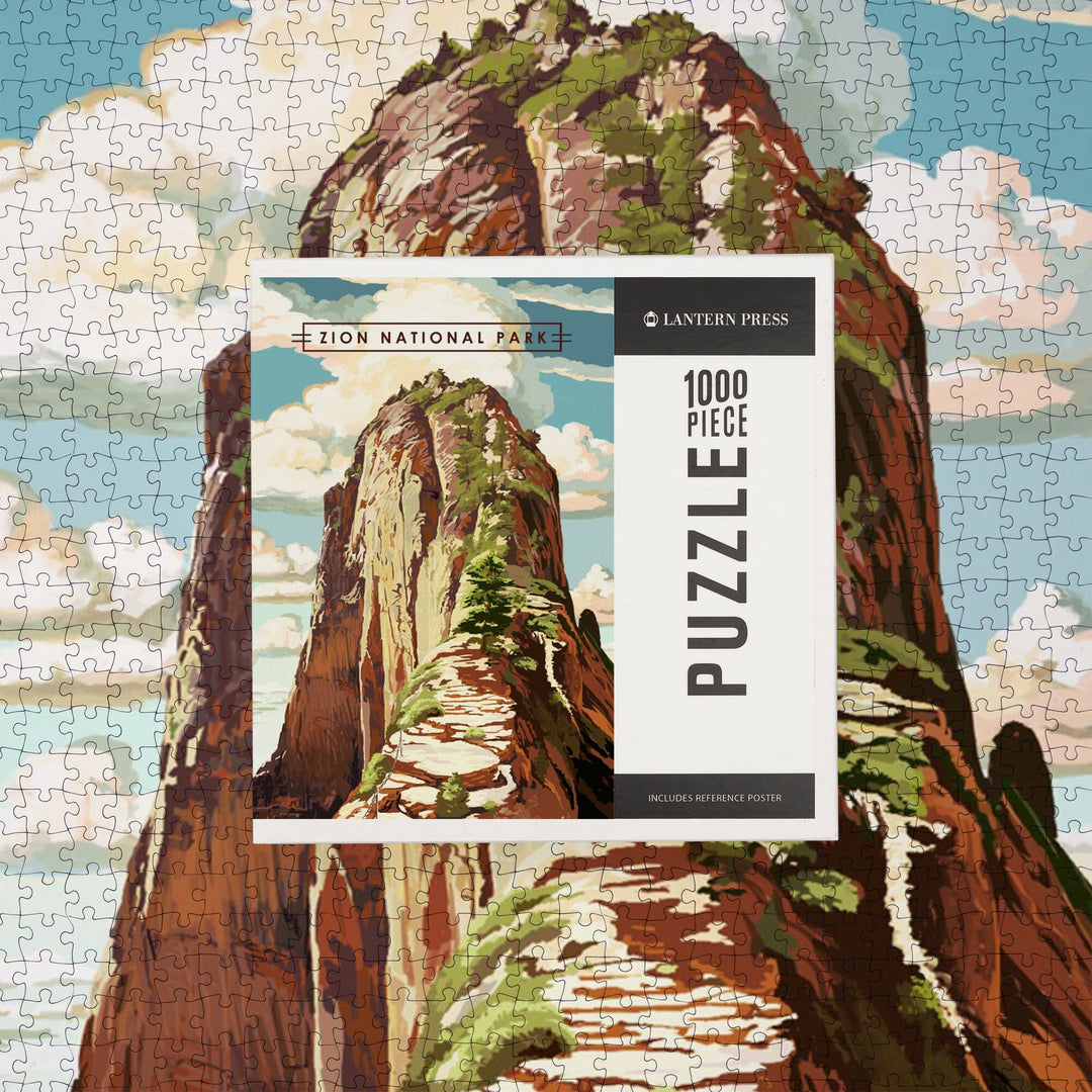 Zion National Park, Utah, Angels Landing, Modern Typography, Jigsaw Puzzle Puzzle Lantern Press 