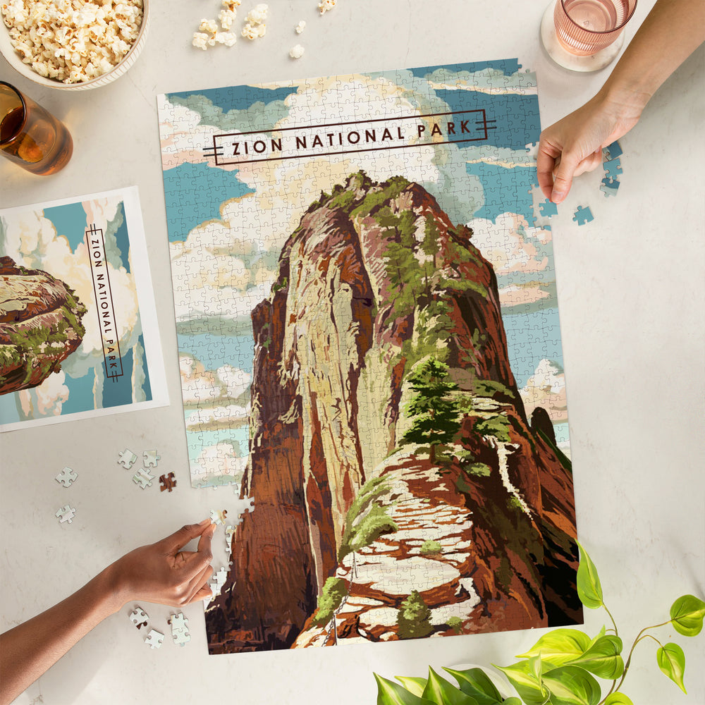 Zion National Park, Utah, Angels Landing, Modern Typography, Jigsaw Puzzle Puzzle Lantern Press 