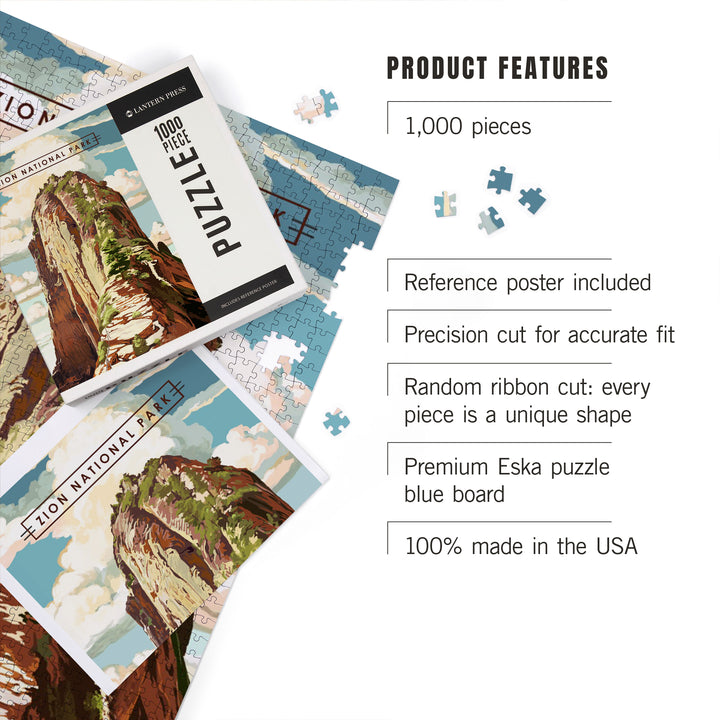 Zion National Park, Utah, Angels Landing, Modern Typography, Jigsaw Puzzle Puzzle Lantern Press 