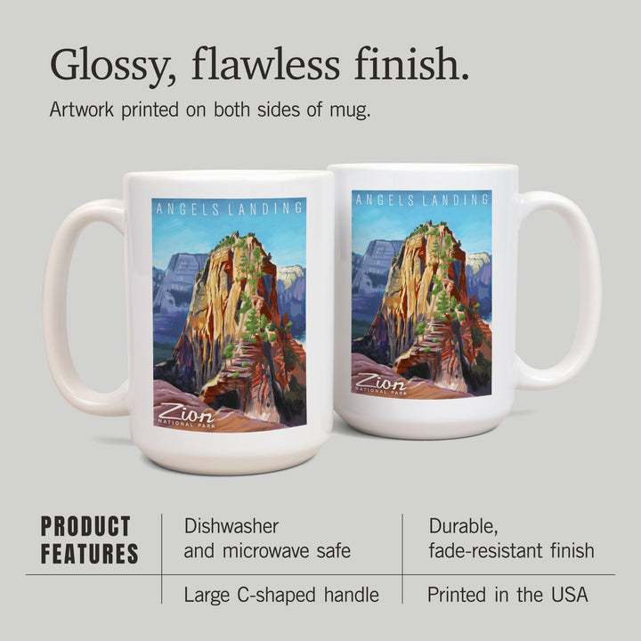 Zion National Park, Utah, Angels Landing, Namedrop, Oil Painting, Lantern Press Artwork, Ceramic Mug Mugs Lantern Press 