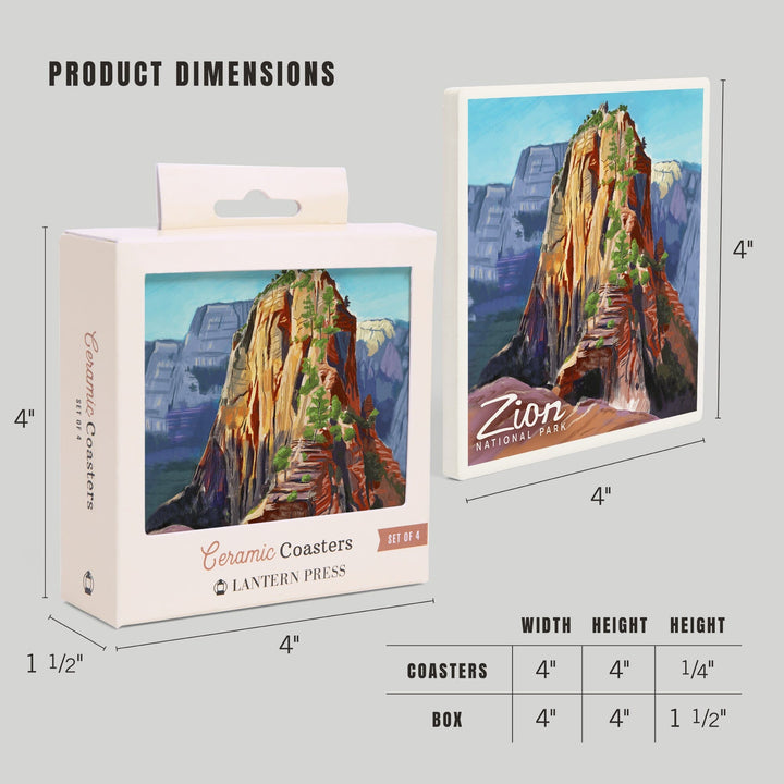 Zion National Park, Utah, Angels Landing, Oil Painting, Coasters Coasters Lantern Press 