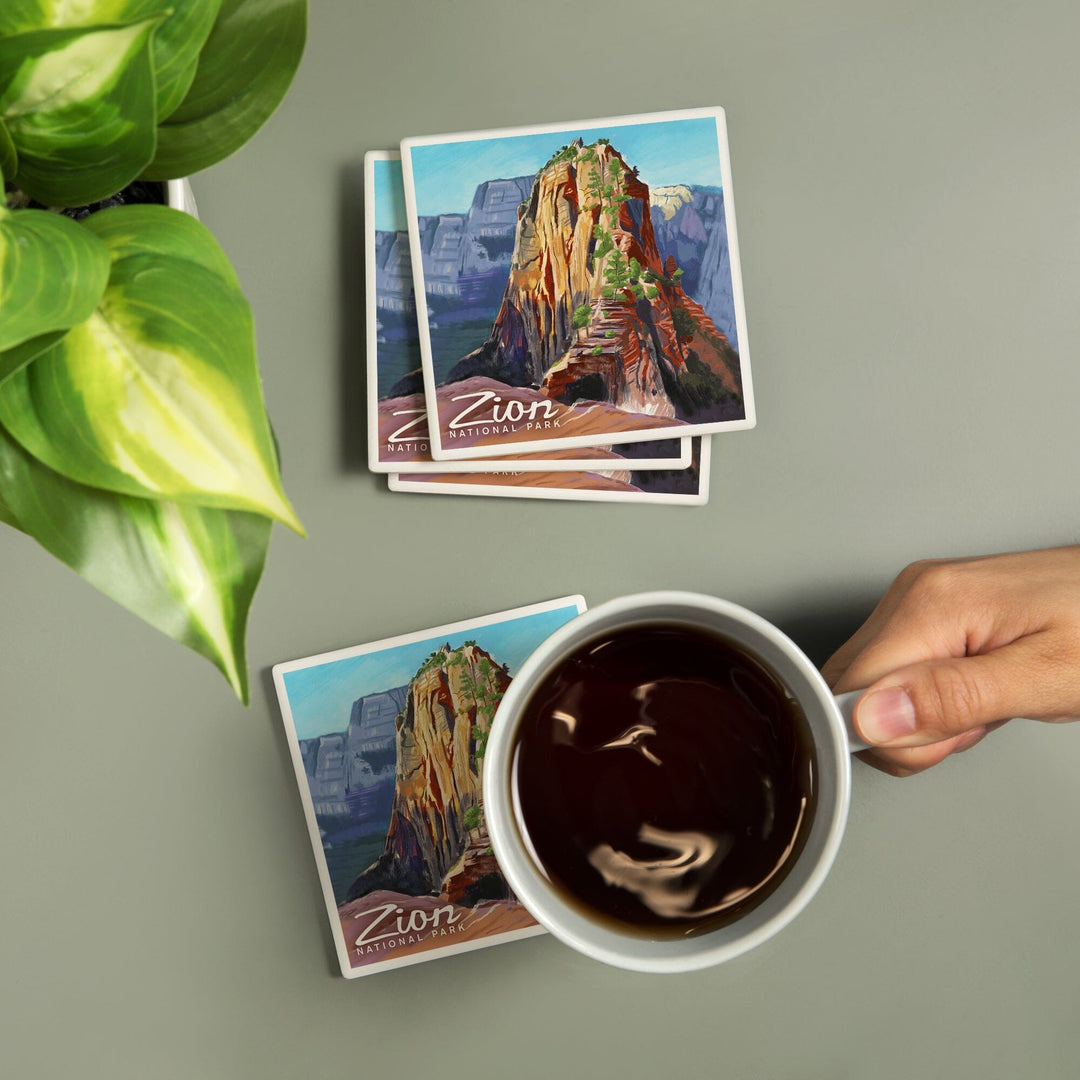 Zion National Park, Utah, Angels Landing, Oil Painting, Coasters Coasters Lantern Press 