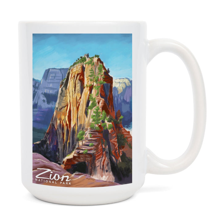 Zion National Park, Utah, Angels Landing, Oil Painting, Lantern Press Artwork, Ceramic Mug Mugs Lantern Press 