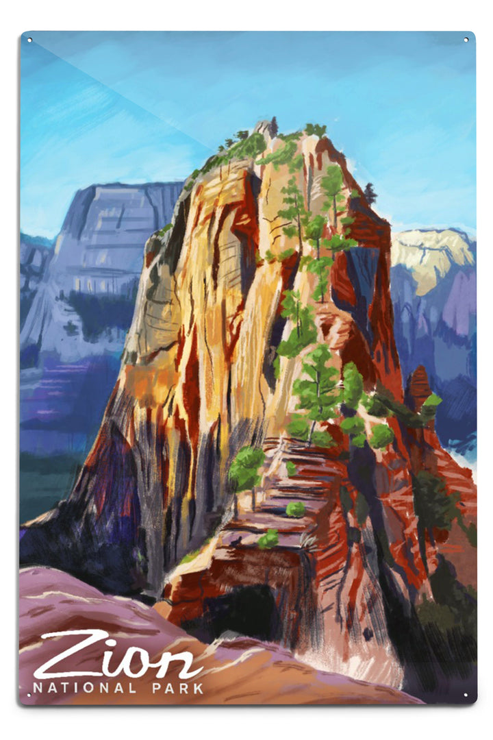 Zion National Park, Utah, Angels Landing, Oil Painting, Metal Signs Metal Lantern Press 12x18 Metal Sign 