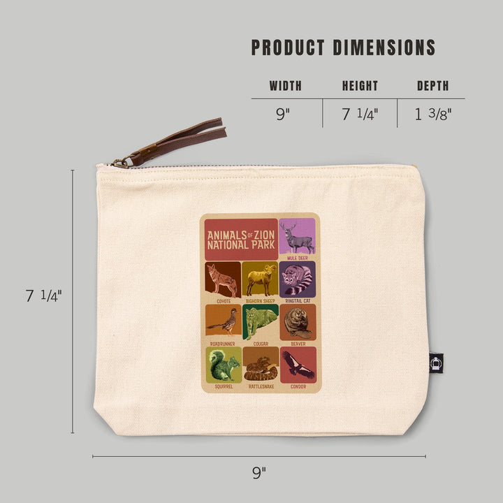 Zion National Park, Utah, Animals of Zion,, Organic Cotton Zipper Pouch, Go Bag Go Bag Lantern Press 