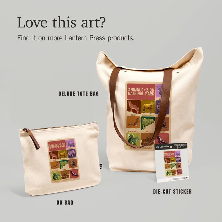 Zion National Park, Utah, Animals of Zion,, Organic Cotton Zipper Pouch, Go Bag Go Bag Lantern Press 