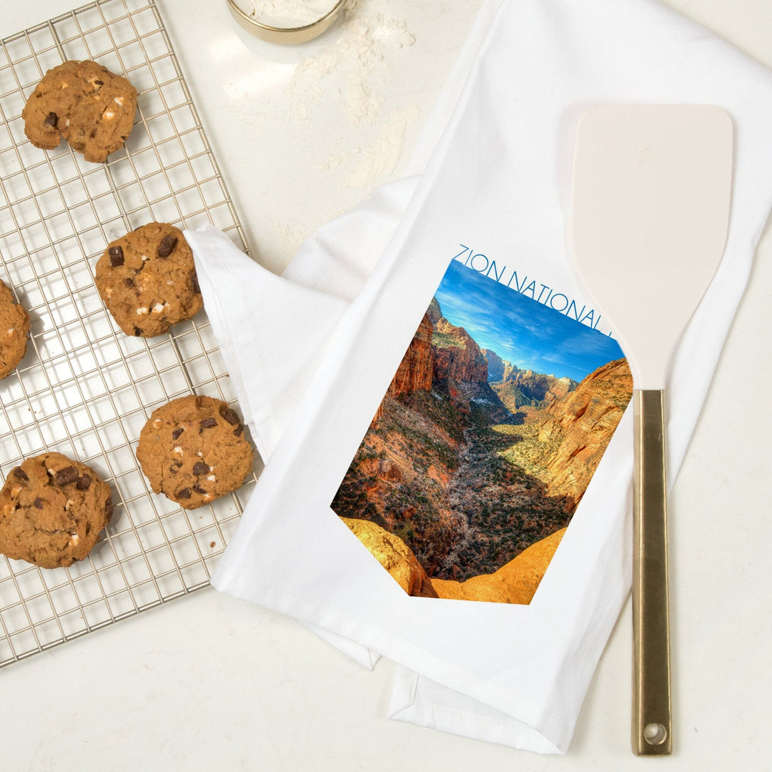 Zion National Park, Utah, Canyon and Blue Sky, Contour, Organic Cotton Kitchen Tea Towels Kitchen Lantern Press 