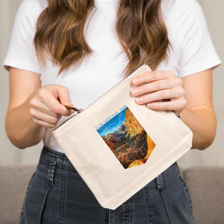 Zion National Park, Utah, Canyon and Blue Sky,, Organic Cotton Zipper Pouch, Go Bag Go Bag Lantern Press 