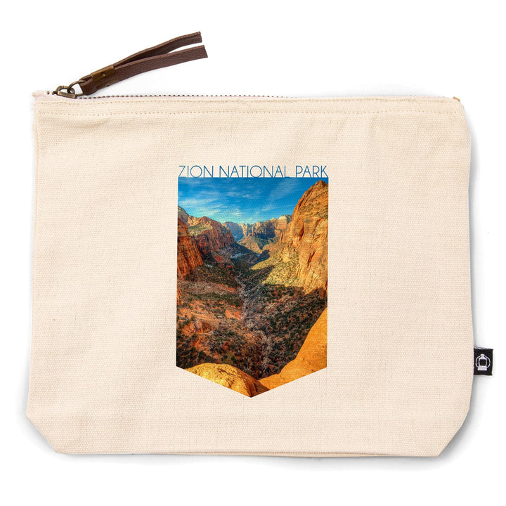 Zion National Park, Utah, Canyon and Blue Sky,, Organic Cotton Zipper Pouch, Go Bag Go Bag Lantern Press 