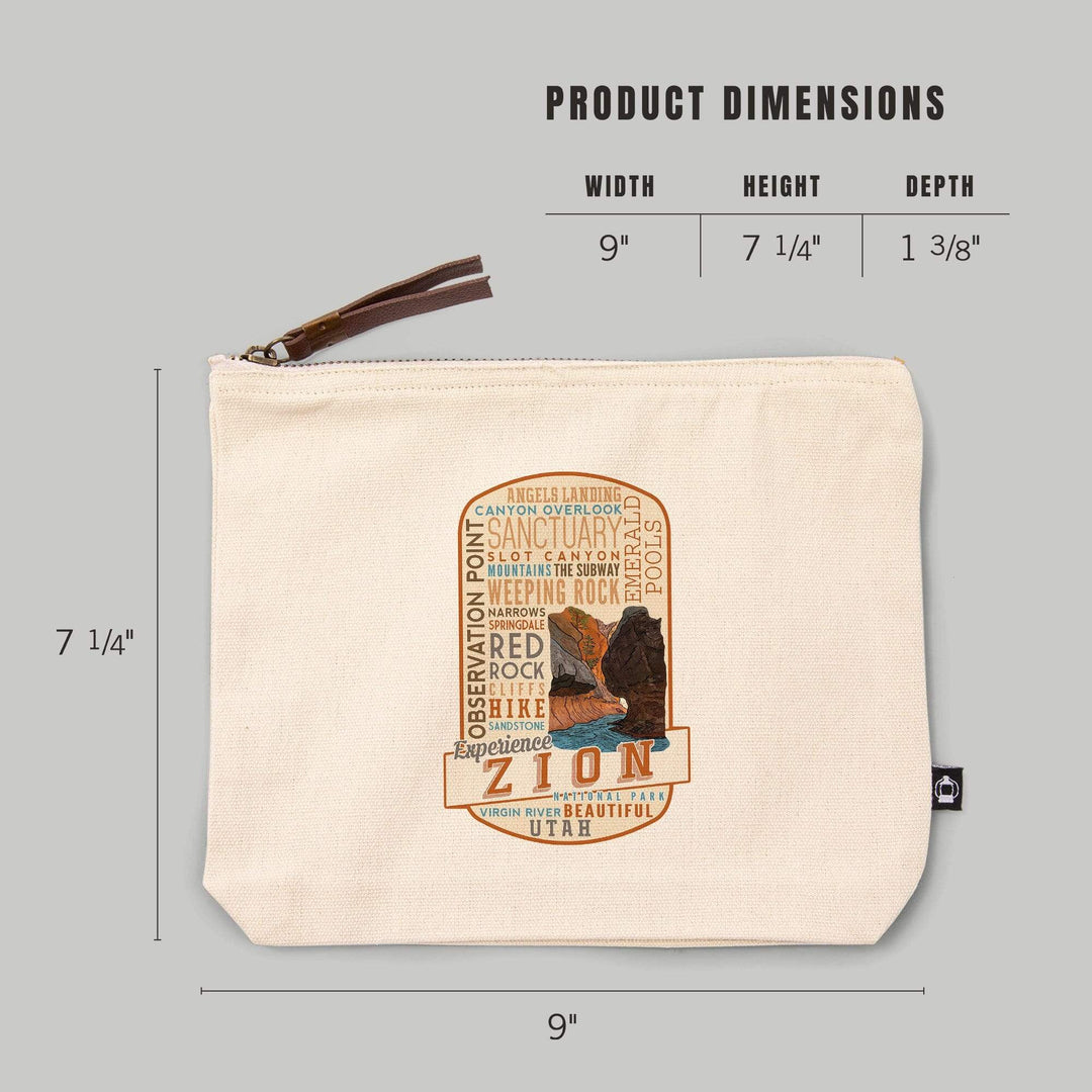 Zion National Park, Utah, Experience Zion, Typography,, Organic Cotton Zipper Pouch, Go Bag Go Bag Lantern Press 