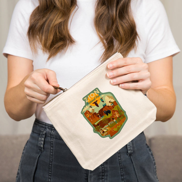 Zion National Park, Utah, Geometric National Park Series,, Organic Cotton Zipper Pouch, Go Bag Go Bag Lantern Press 