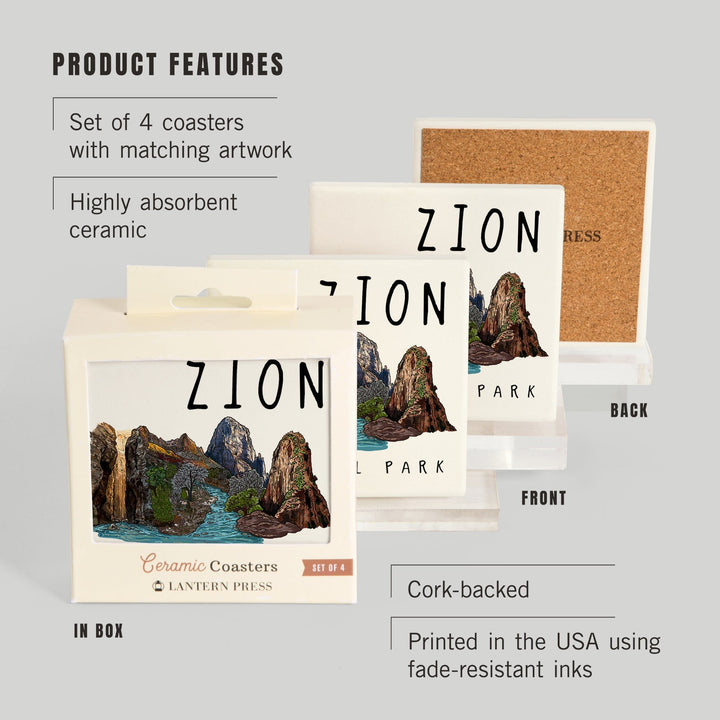 Zion National Park, Utah, Line Drawing, Coasters Coasters Lantern Press 