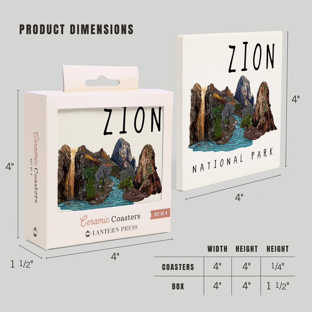 Zion National Park, Utah, Line Drawing, Coasters Coasters Lantern Press 