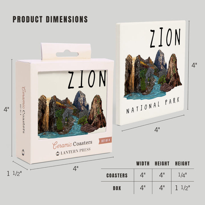 Zion National Park, Utah, Line Drawing, Coasters Coasters Lantern Press 