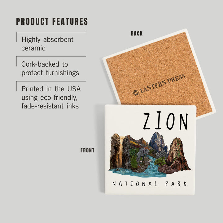Zion National Park, Utah, Line Drawing, Coasters Coasters Lantern Press 