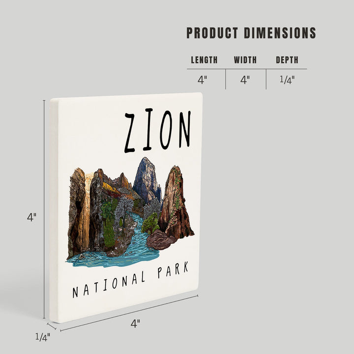 Zion National Park, Utah, Line Drawing, Coasters Coasters Lantern Press 