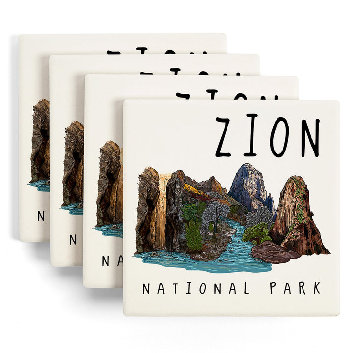 Zion National Park, Utah, Line Drawing, Coasters Coasters Lantern Press 